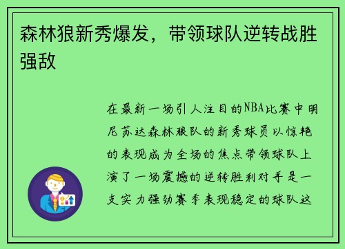 森林狼新秀爆发，带领球队逆转战胜强敌